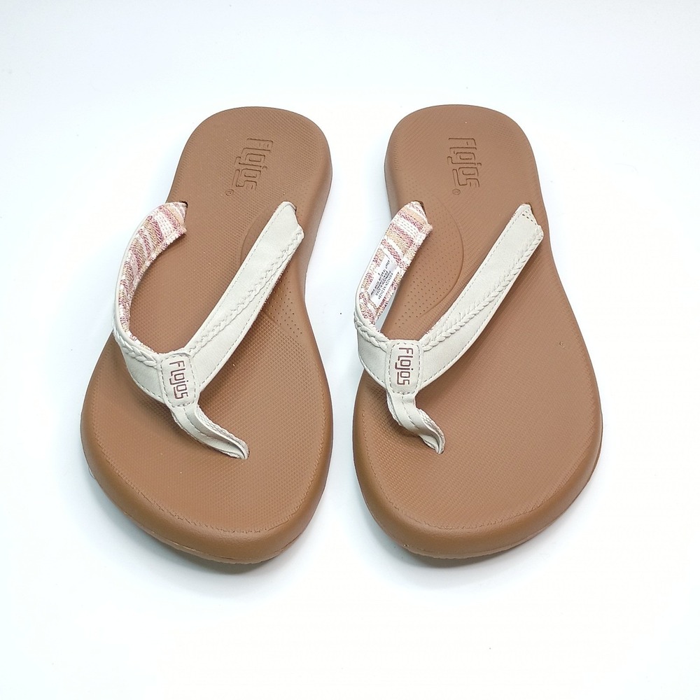 Flojos Sandals Flip Flops Women Size 8 Brown Cream Woven Fabric Strap - Picture 2 of 8